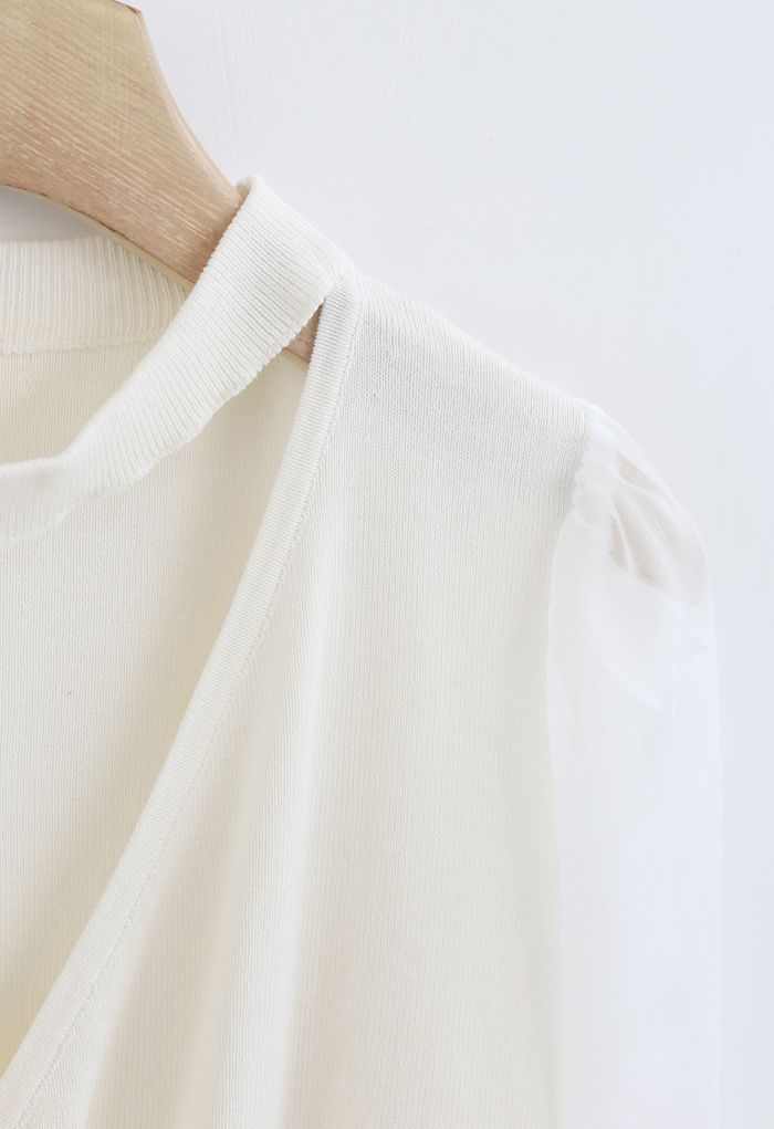 Sheer Sleeves Wrapped Knit Top in White - Retro, Indie and Unique Fashion
