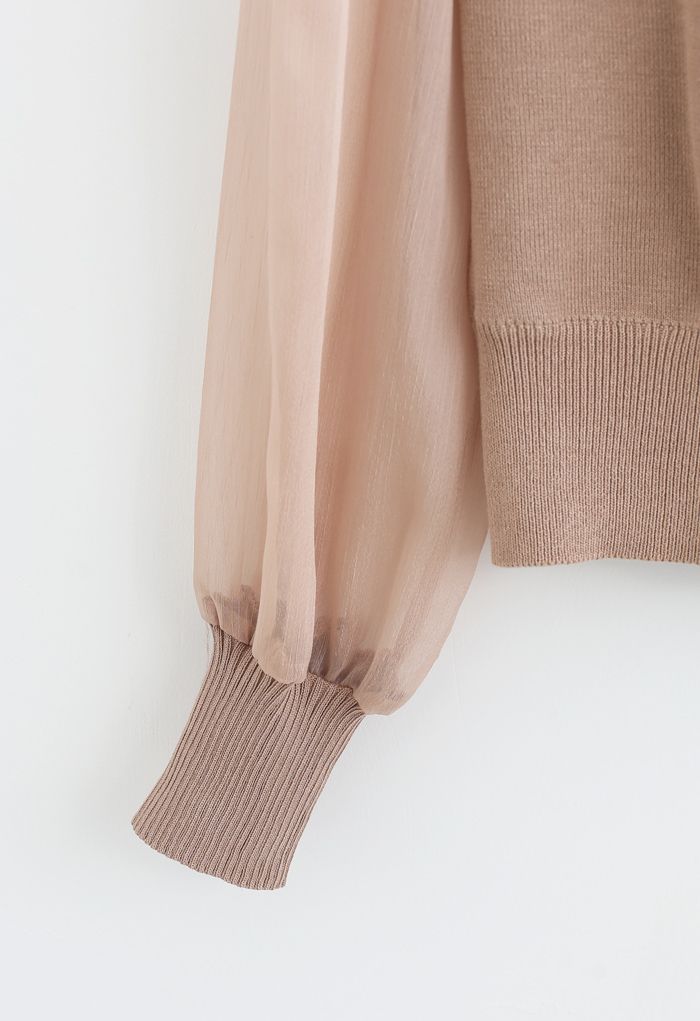 Sheer Sleeves Wrapped Knit Top in Dusty Pink