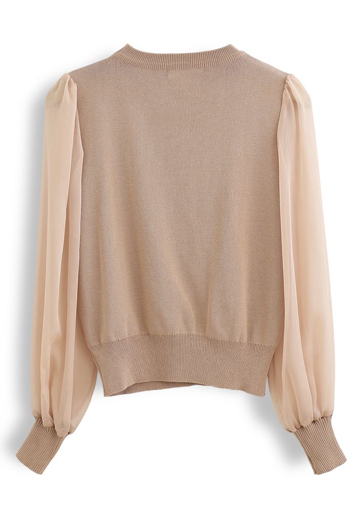 Sheer Sleeves Wrapped Knit Top in Dusty Pink