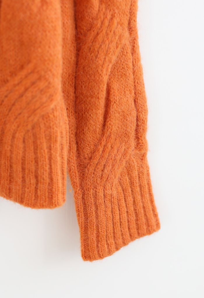 Fuzzy Crew Neck Cable Knit Sweater in Orange - Retro, Indie and Unique ...