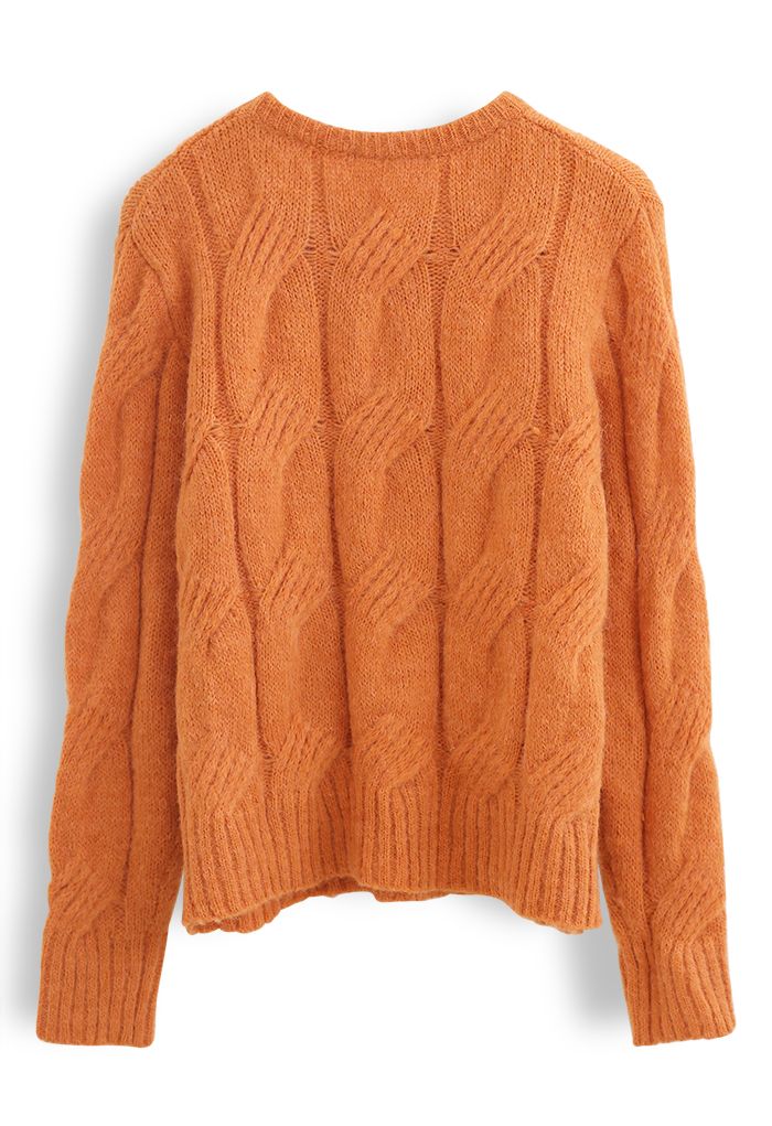 Fuzzy Crew Neck Cable Knit Sweater in Orange