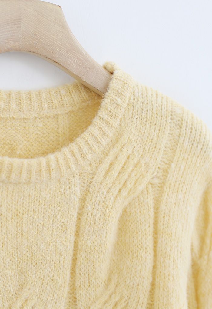 Fuzzy Crew Neck Cable Knit Sweater in Yellow - Retro, Indie and Unique ...
