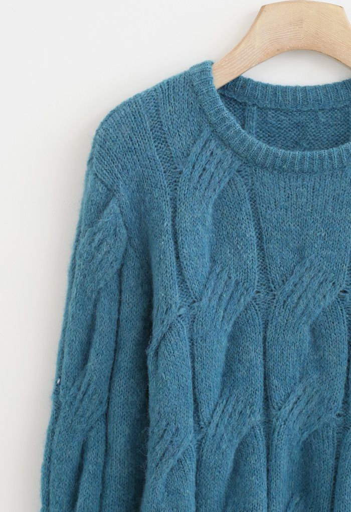 Fuzzy Crew Neck Cable Knit Sweater in Teal - Retro, Indie and Unique ...