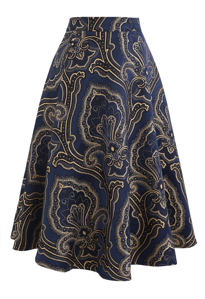 Embroidered Jacquard Floral Flare Midi Skirt