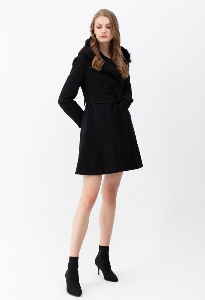 Faux Fur Hooded Wool-Blend Flare Coat in Black