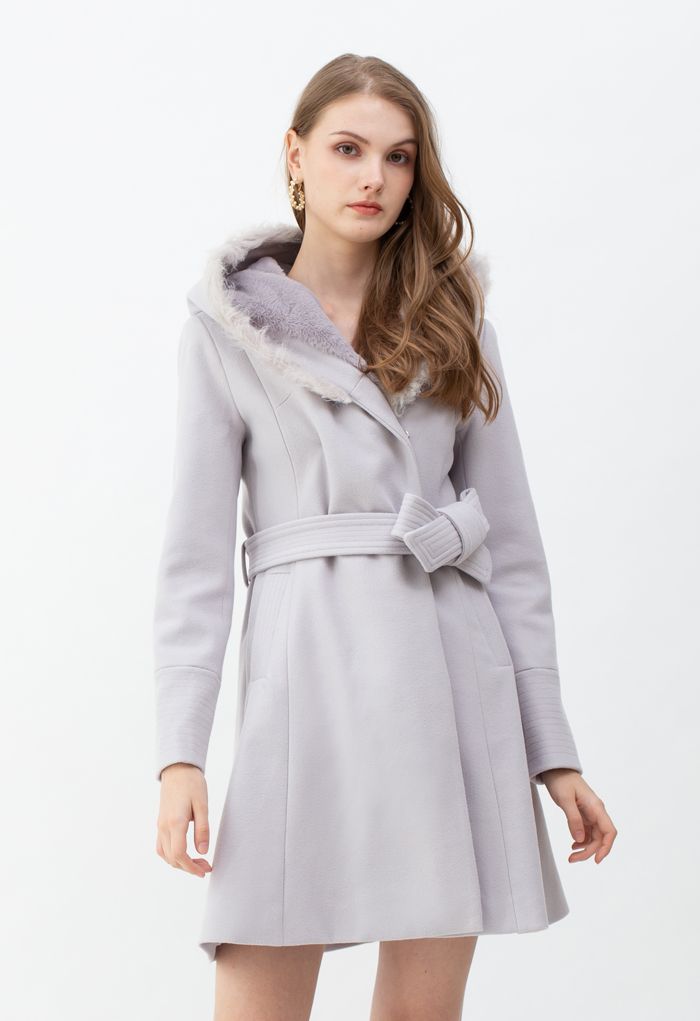Faux Fur Hooded Wool-Blend Flare Coat in Lavender - Retro, Indie and ...