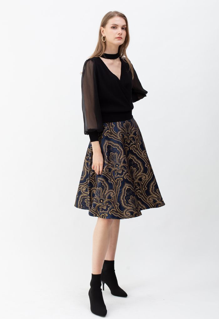 Embroidered Jacquard Floral Flare Midi Skirt