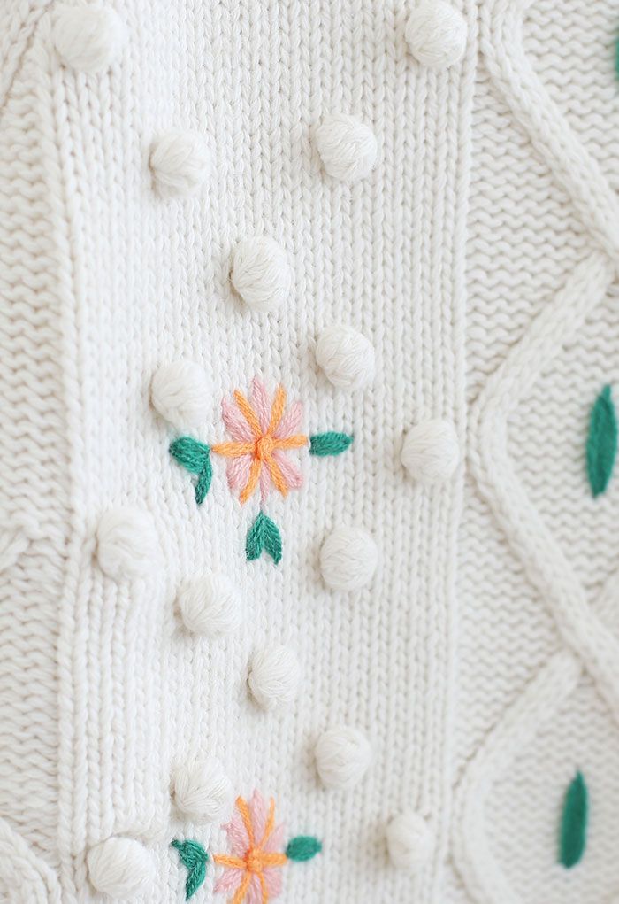 High Neck Pom-Pom Stitch Hand-Knit Sweater in Ivory - Retro, Indie and ...