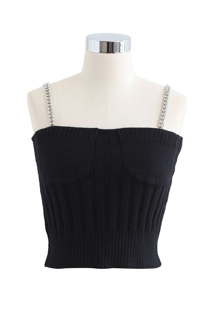 Rib Knit Crop Cami Top and Sweater Sleeve Set in Black
