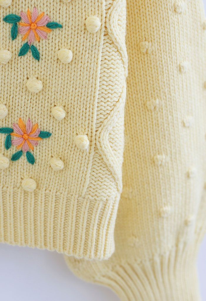 High Neck Pom-Pom Stitch Hand-Knit Sweater in Yellow