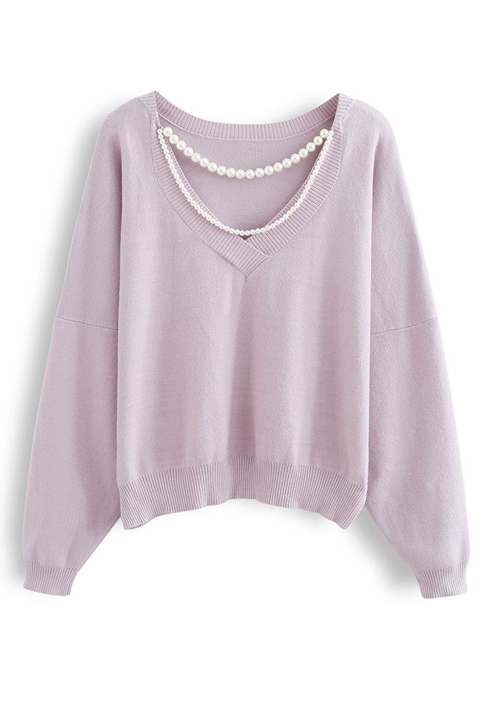 Pearl Chain Back V-Neck Oversized Knit Sweater in Lilac