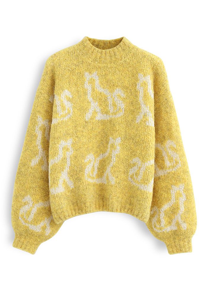 Kitty Cat Printed Knit Sweater in Yellow - Retro, Indie and Unique Fashion