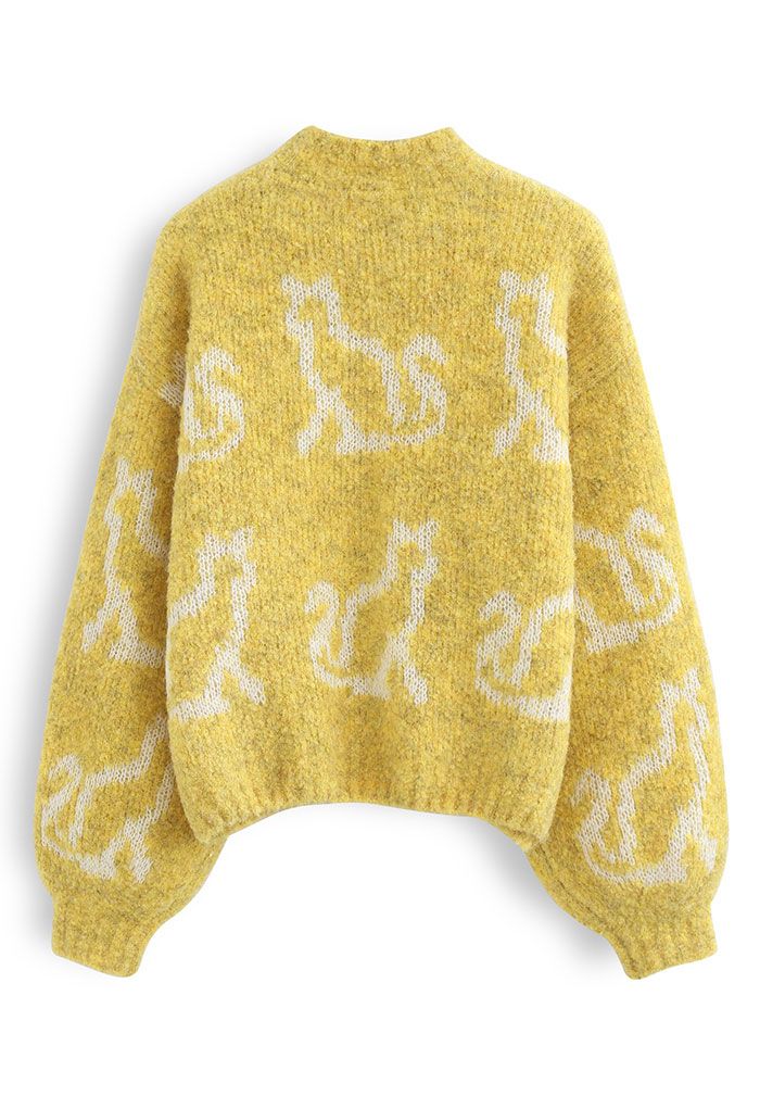 Kitty Cat Printed Knit Sweater in Yellow