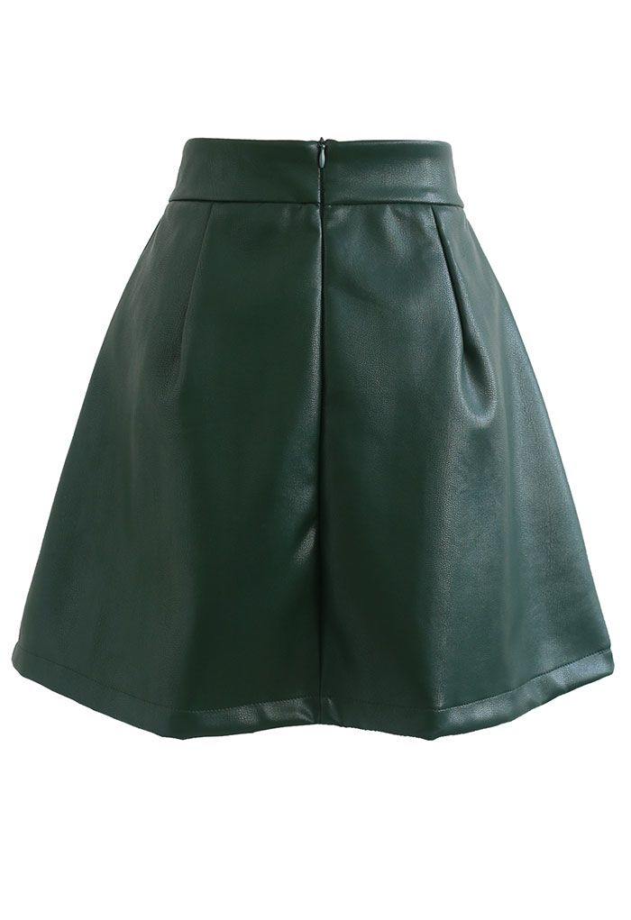 Faux Leather Pleated Detail Mini Skirt in Dark Green - Retro, Indie and ...