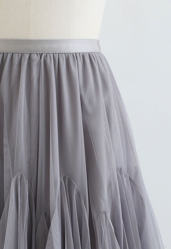 Ruffle Hem Mesh Tulle Mini Skirt in Grey