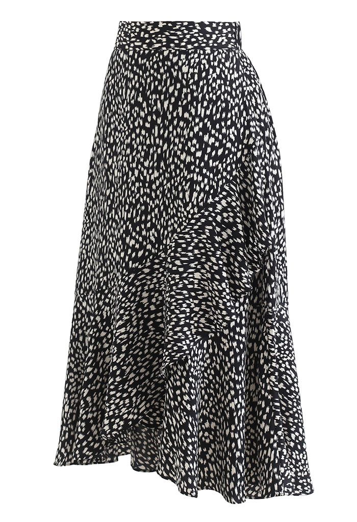 Spot Print Ruffle Asymmetric Midi Skirt in Black - Retro, Indie and ...