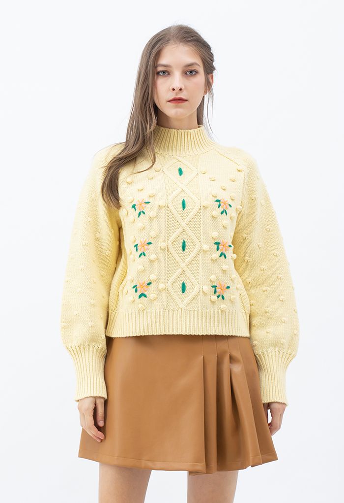 High Neck Pom-Pom Stitch Hand-Knit Sweater in Yellow - Retro, Indie and ...