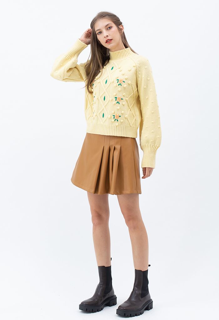 High Neck Pom-Pom Stitch Hand-Knit Sweater in Yellow