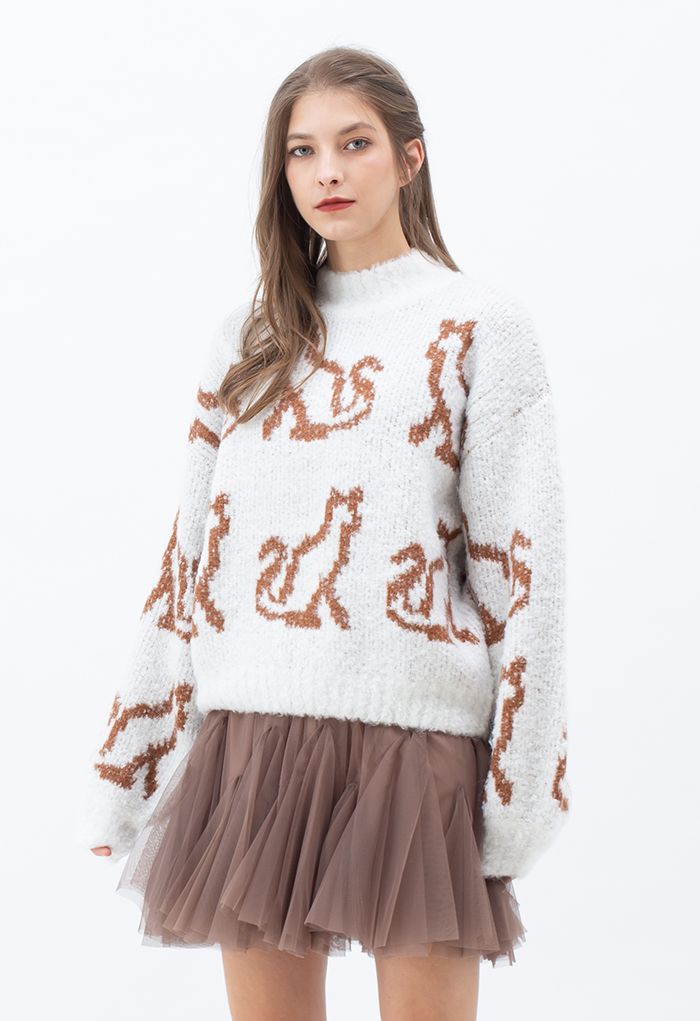 Kitty Cat Printed Knit Sweater in White