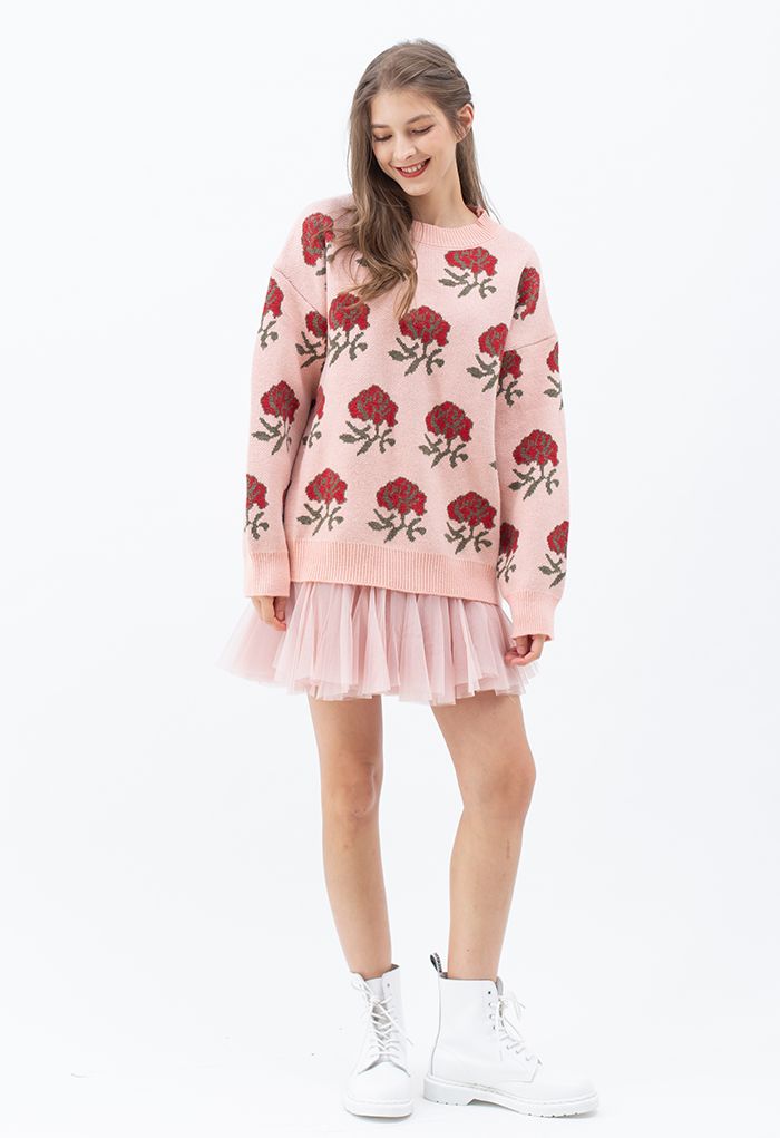 Rosie's Roses Oversize Knit Sweater in Pink