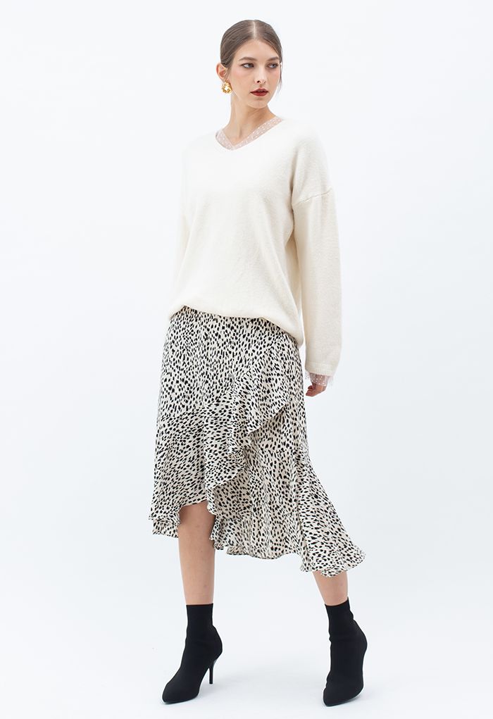 Spot Print Ruffle Asymmetric Midi Skirt in White - Retro, Indie and ...