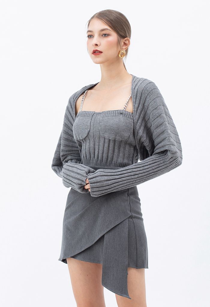 Rib Knit Crop Cami Top and Sweater Sleeve Set in Grey - Retro, Indie and  Unique Fashion