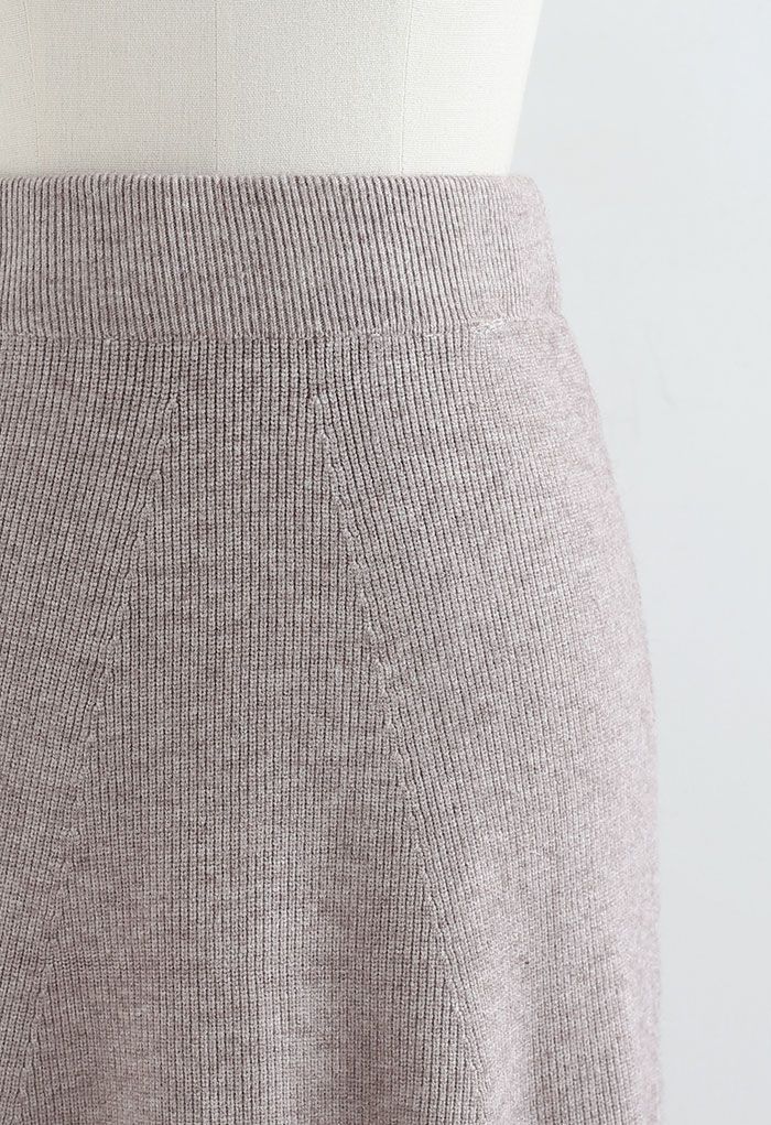 Fringed Hem A-Line Midi Knit Skirt in Taupe - Retro, Indie and Unique ...