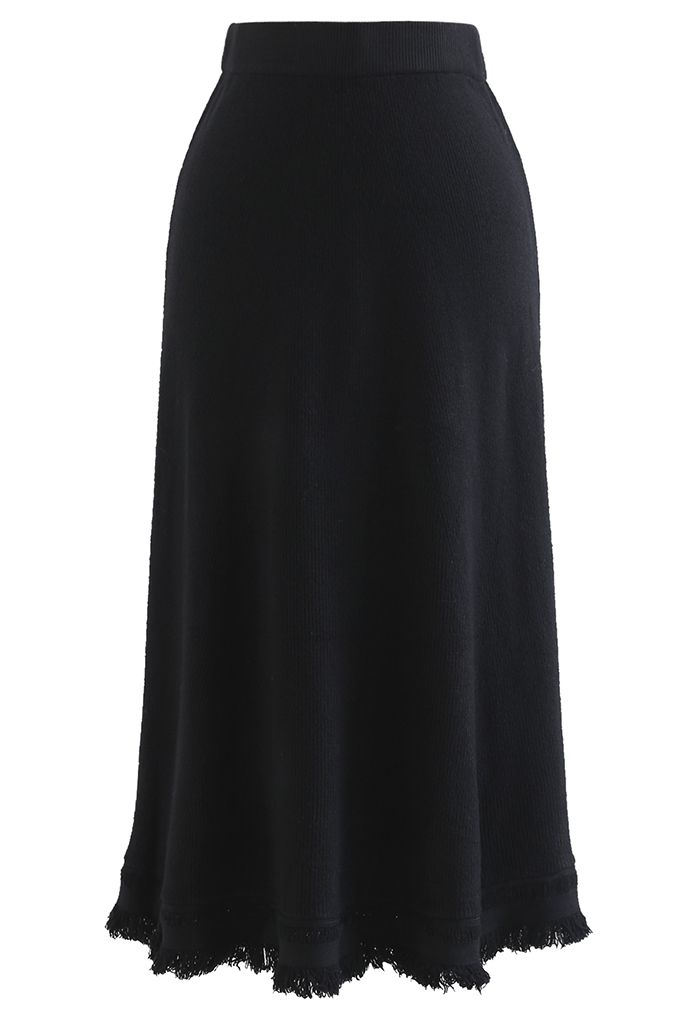 Fringed Hem A-Line Midi Knit Skirt in Black - Retro, Indie and Unique ...