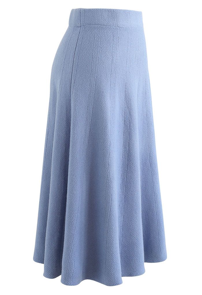 Textured Knit Flare Hem Knit Midi Skirt in Blue