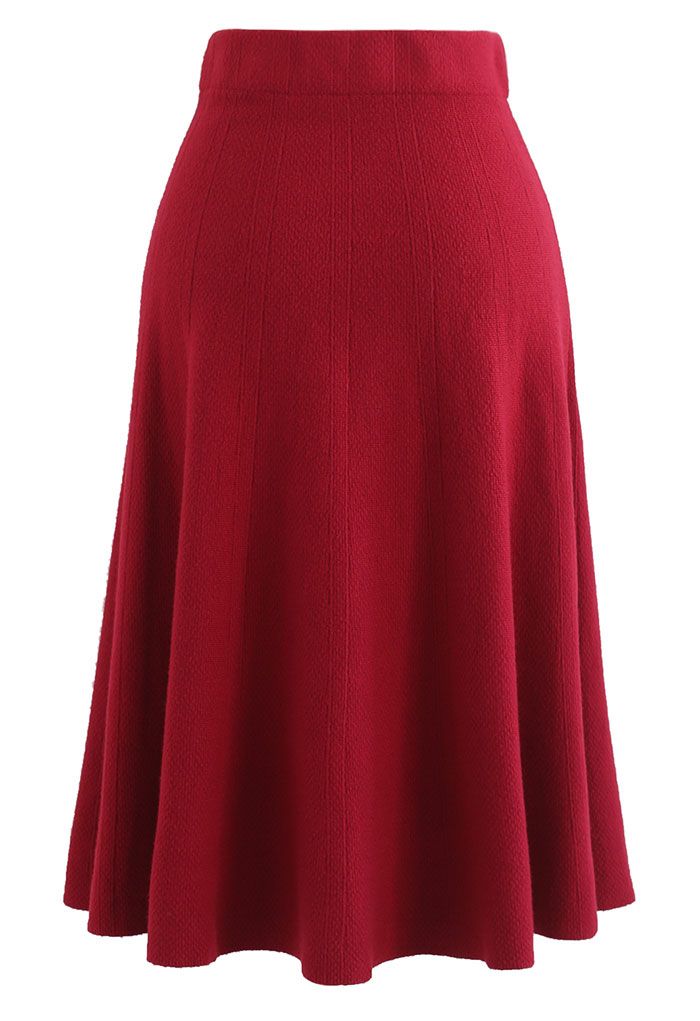 Textured Knit Flare Hem Knit Midi Skirt in Red - Retro, Indie and ...