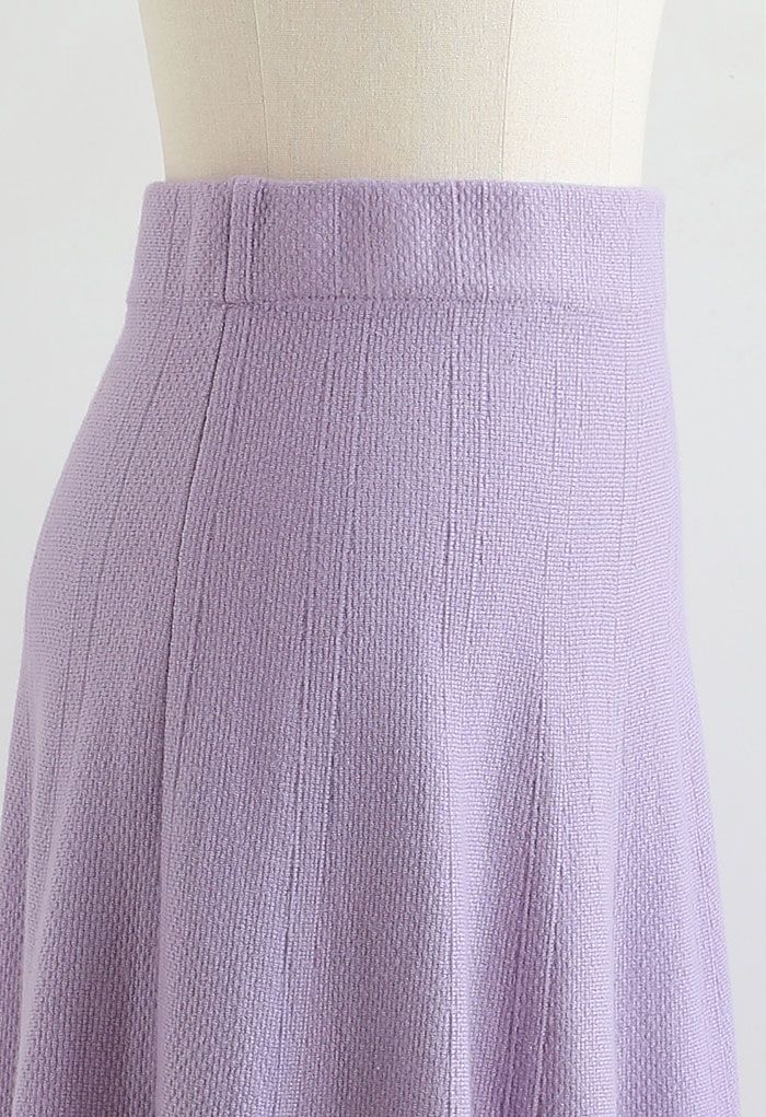Textured Knit Flare Hem Knit Midi Skirt in Purple