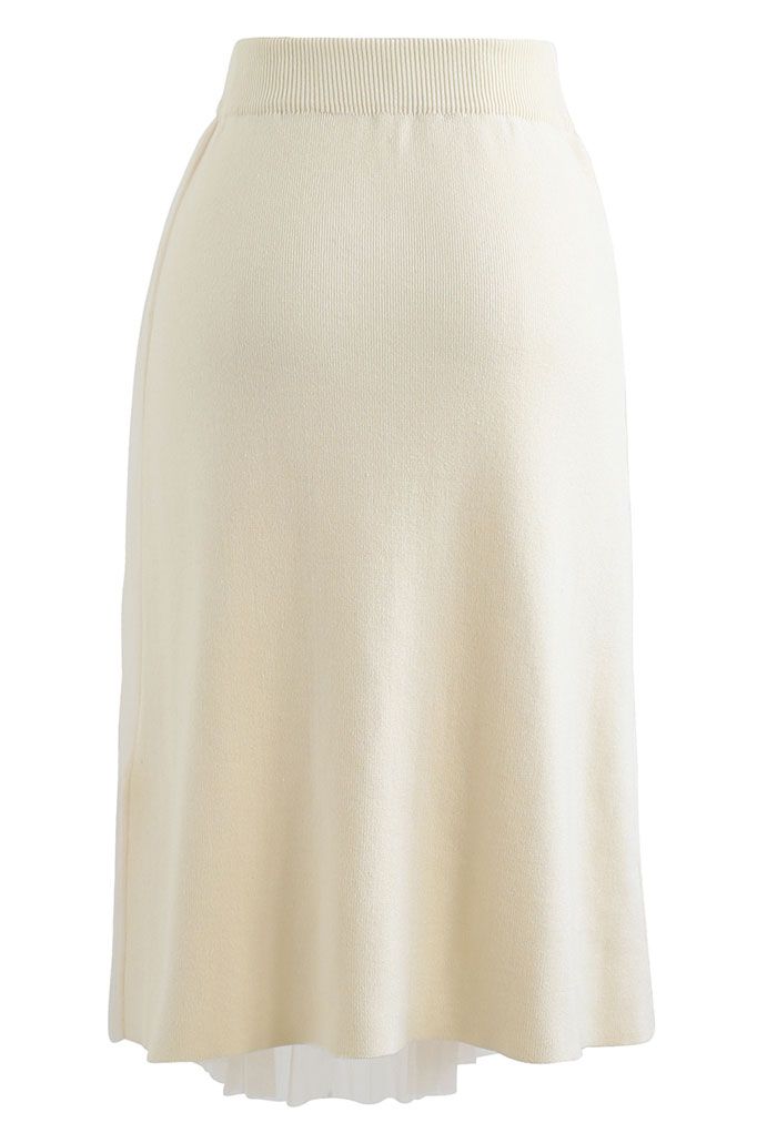 Mesh Spliced Flap Knit Midi Skirt in Cream
