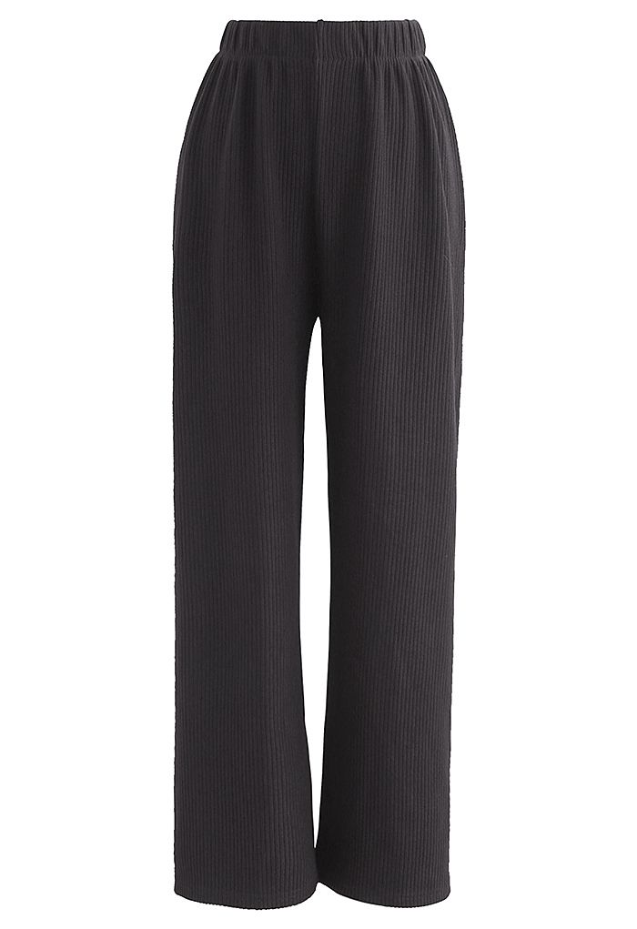 Straight Leg Ribbed Lounge Pants in Black