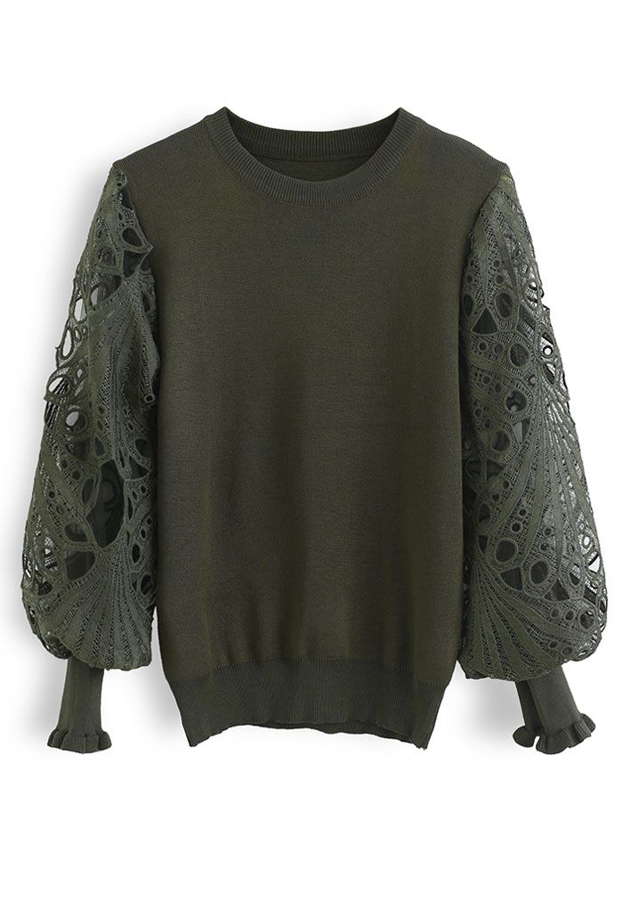Scalloped Crochet Puff Sleeve Knit Top in Army Green - Retro, Indie and ...