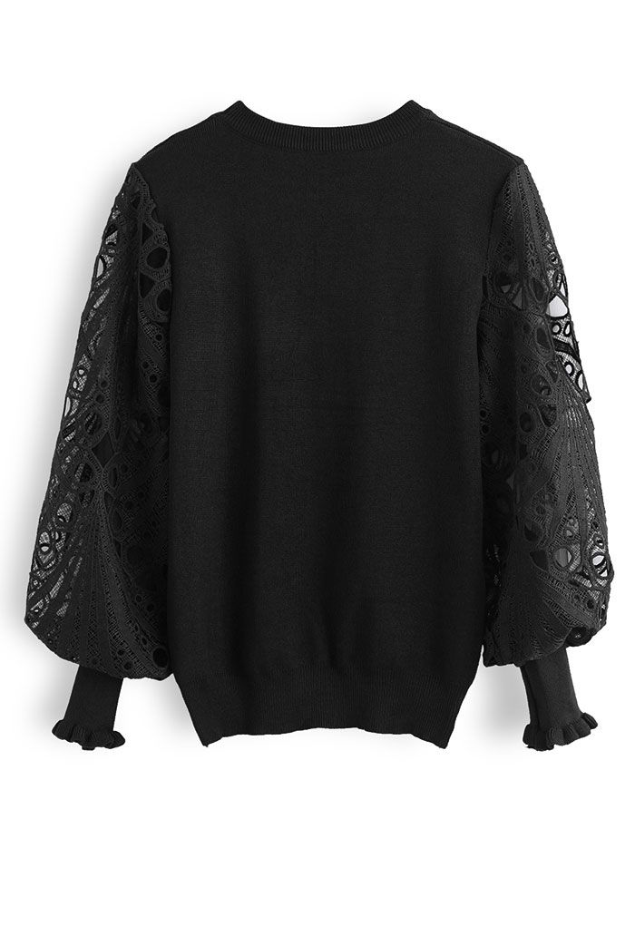 Scalloped Crochet Puff Sleeve Knit Top in Black