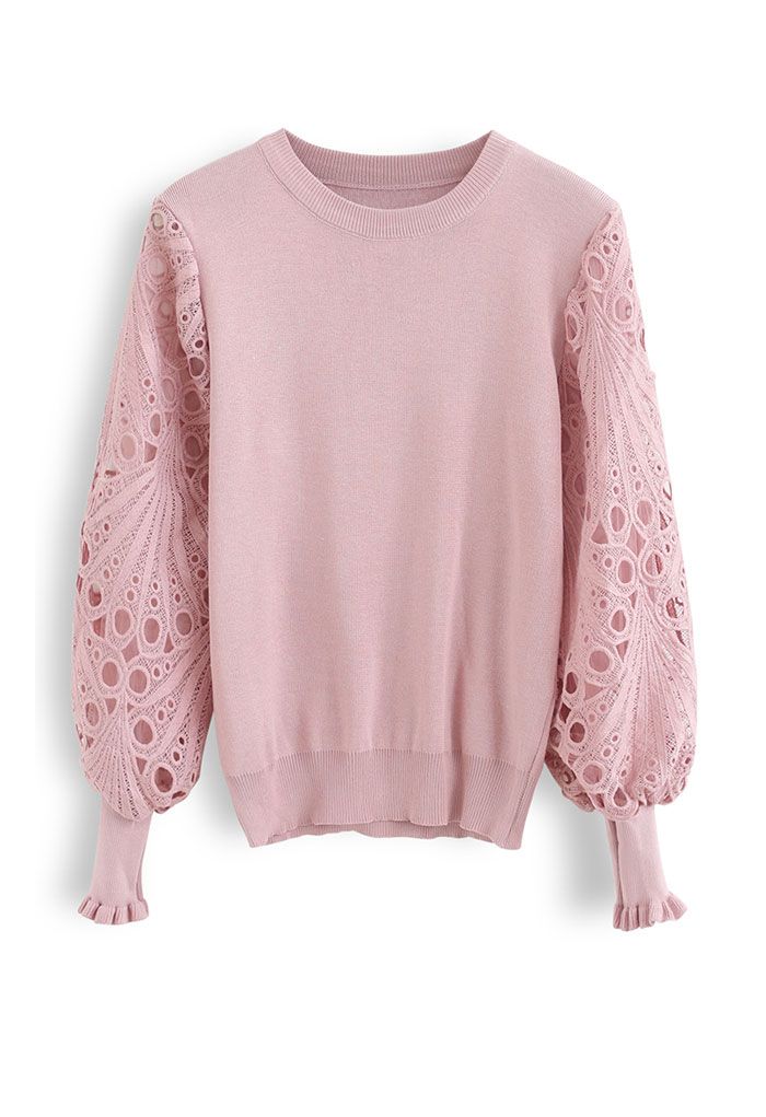 Scalloped Crochet Puff Sleeve Knit Top in Pink