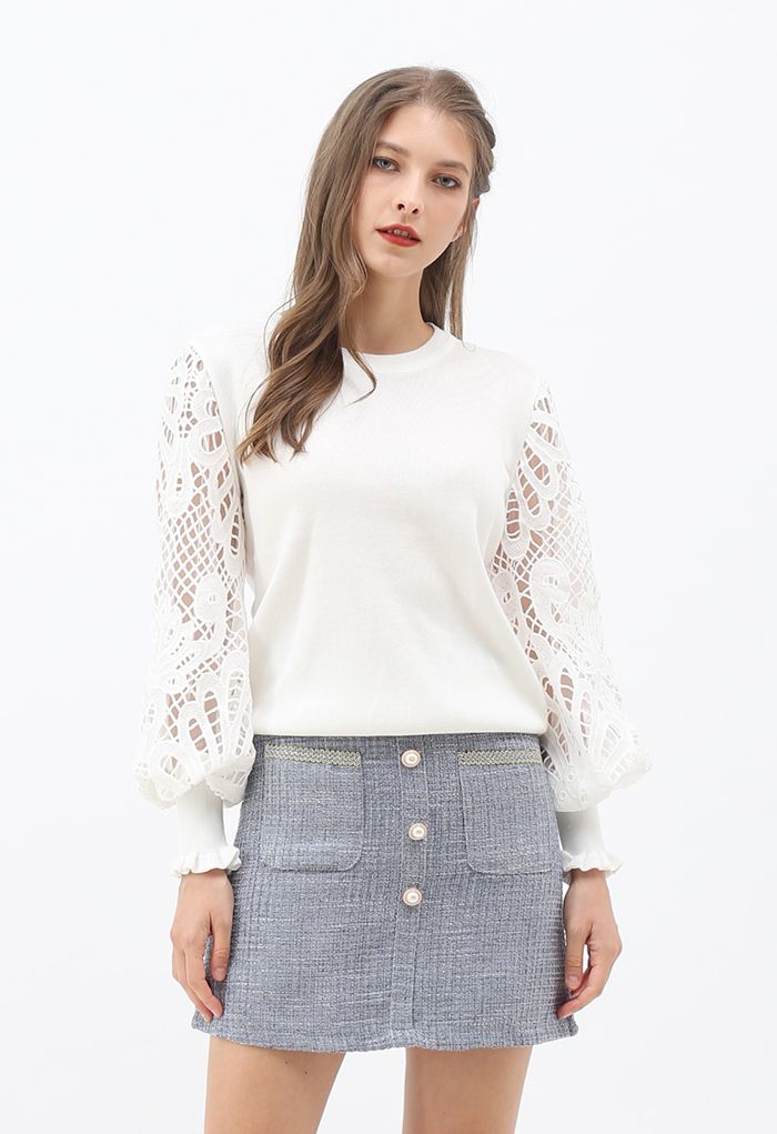 Scalloped Crochet Puff Sleeve Knit Top in White - Retro, Indie and ...