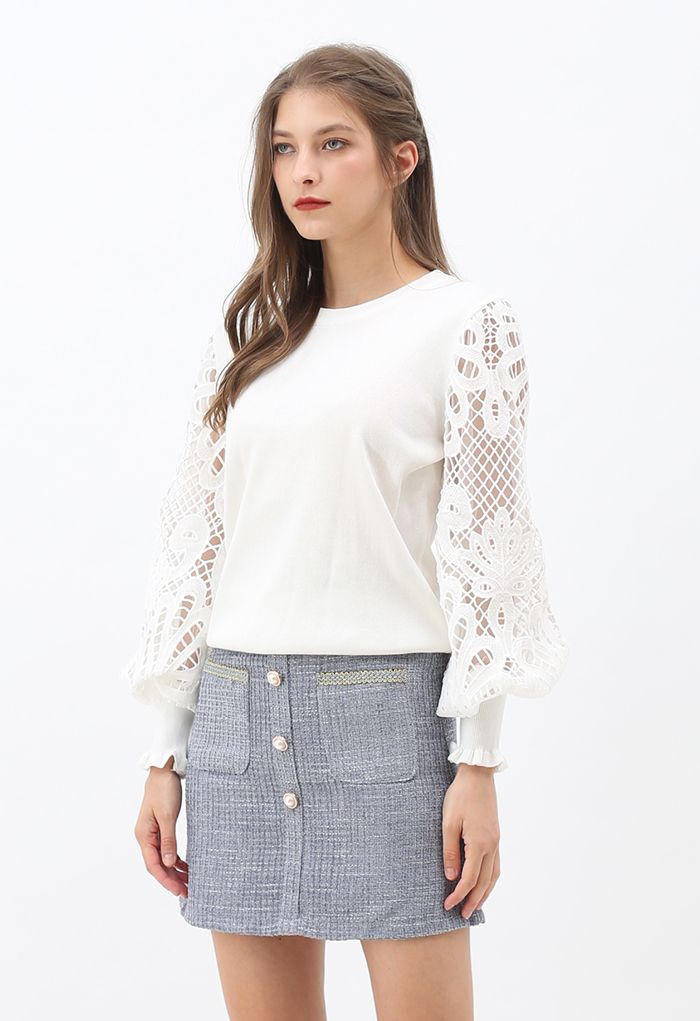 Scalloped Crochet Puff Sleeve Knit Top in White