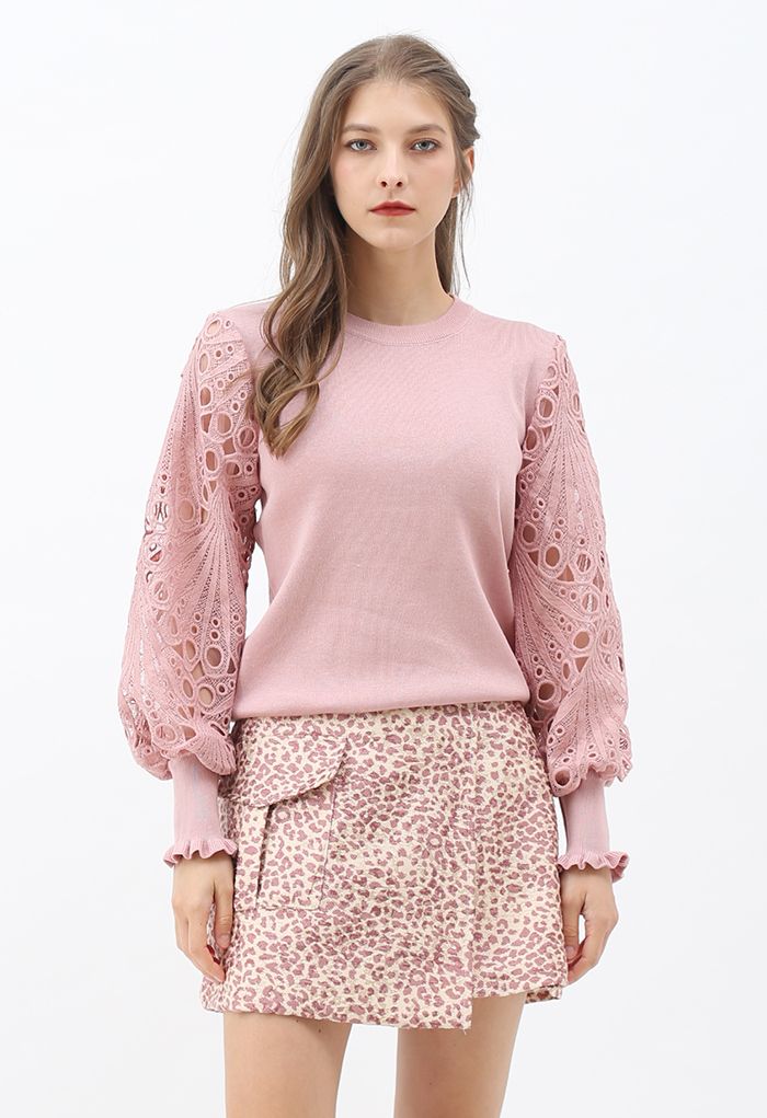 Scalloped Crochet Puff Sleeve Knit Top in Pink