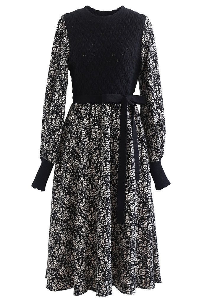 Spliced Knit Floral Midi Dress in Black - Retro, Indie and Unique Fashion