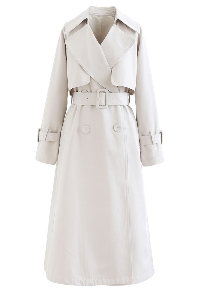 Mesh Spliced Double-Breasted Belted Trench Coat