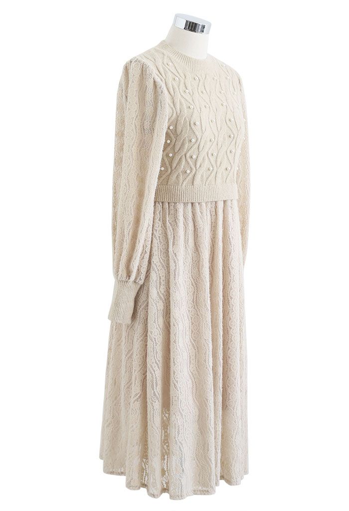 Spliced Knit Lacy Pearly Midi Dress in Camel - Retro, Indie and Unique ...