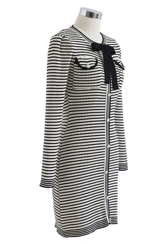 Button Trim Striped Bodycon Knit Mini Dress