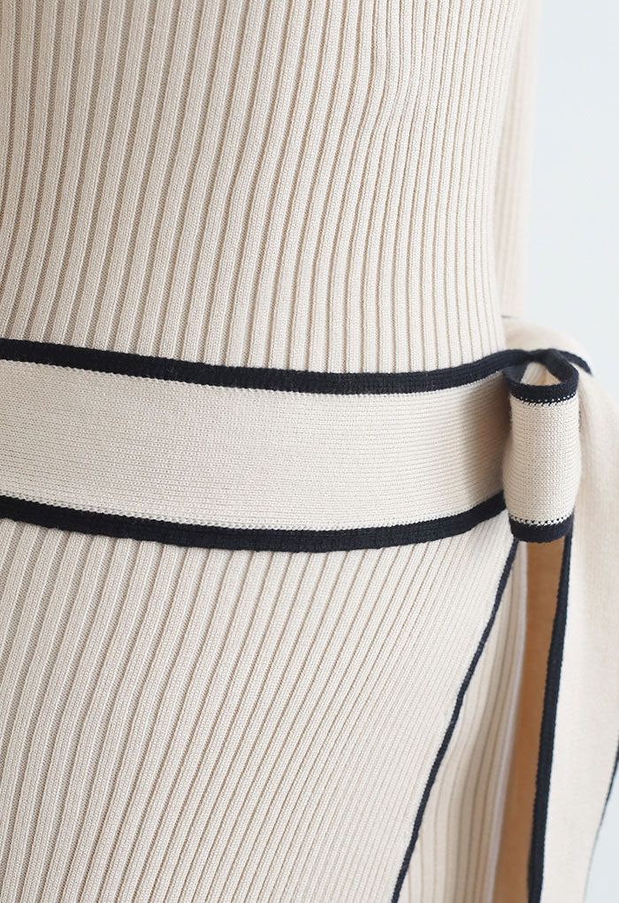 Contrast Edge Flap Front Tie Bow Knit Dress
