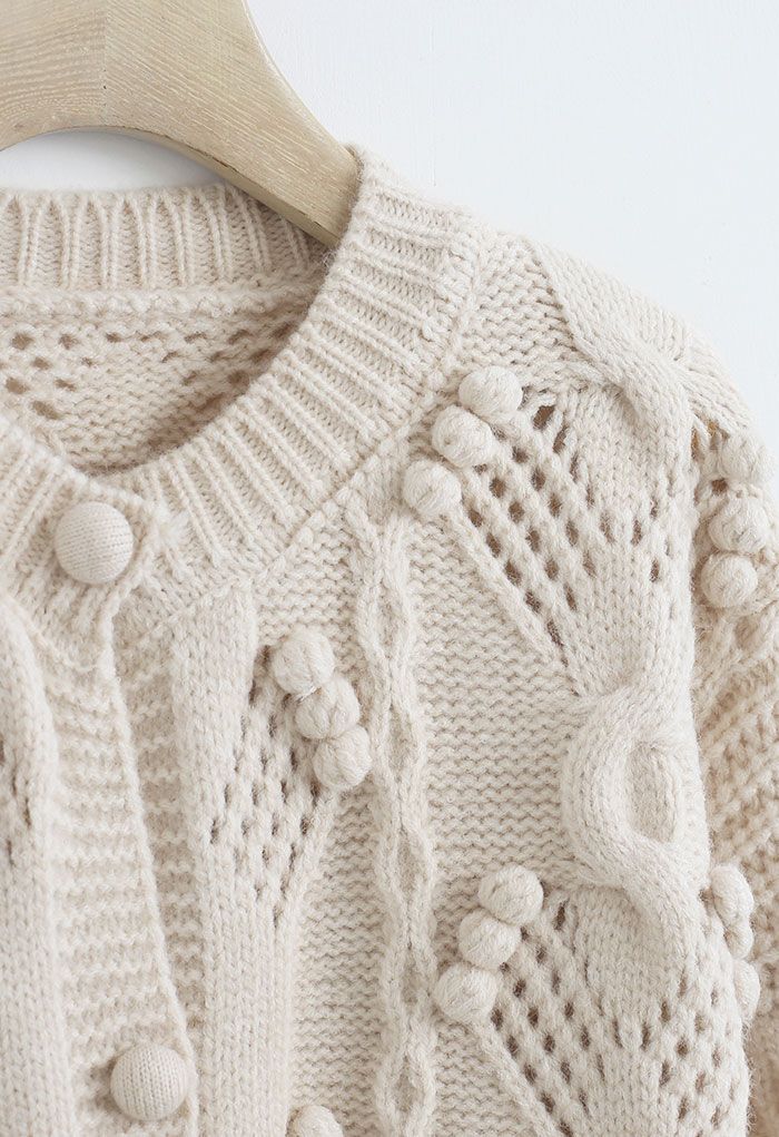 Pom-Pom Braid Hollow Out Knit Cardigan in Sand - Retro, Indie and ...