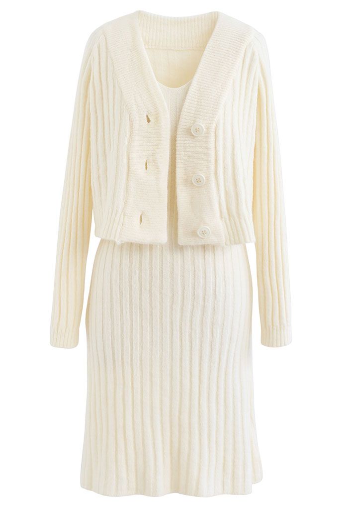 Knitted Sleeveless Dress and Crop Cardigan Set in Cream