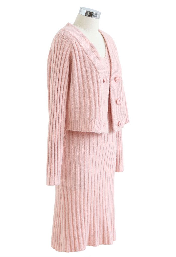 Knitted Sleeveless Dress and Crop Cardigan Set in Pink