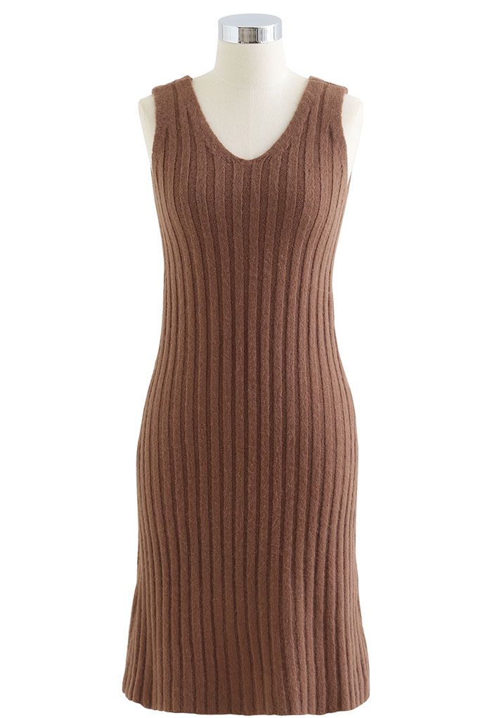 Knitted Sleeveless Dress and Crop Cardigan Set in Caramel