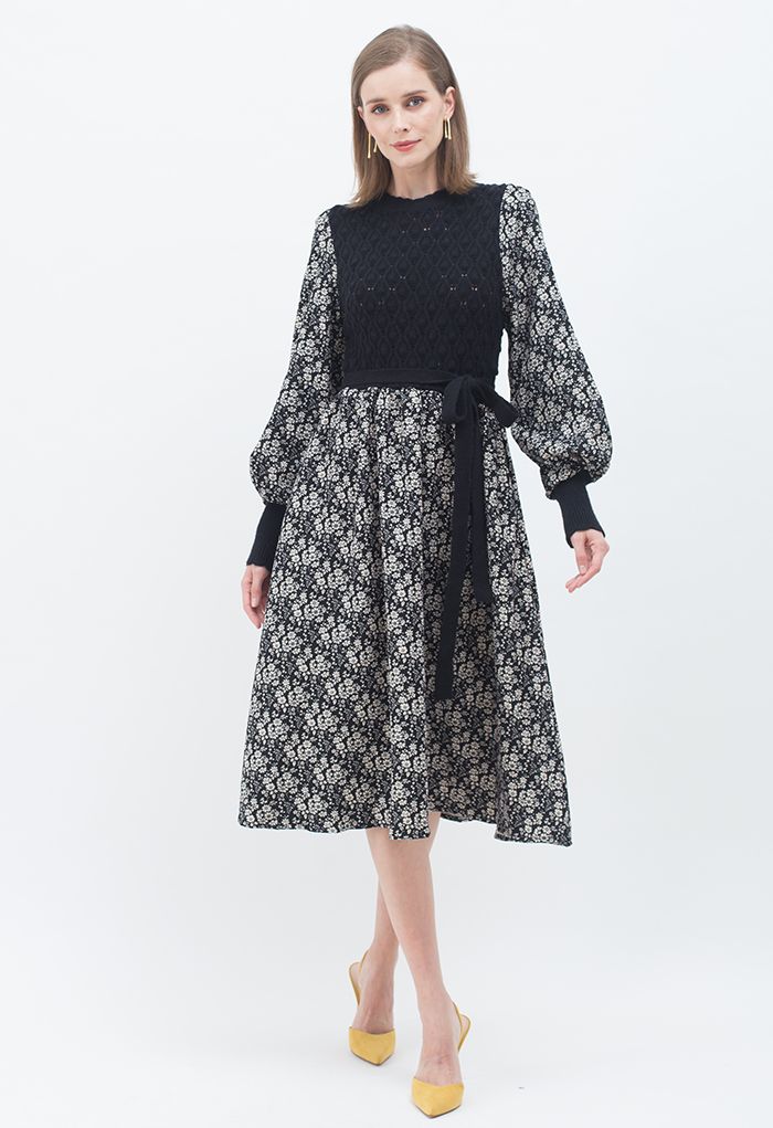 Spliced Knit Floral Midi Dress in Black ...