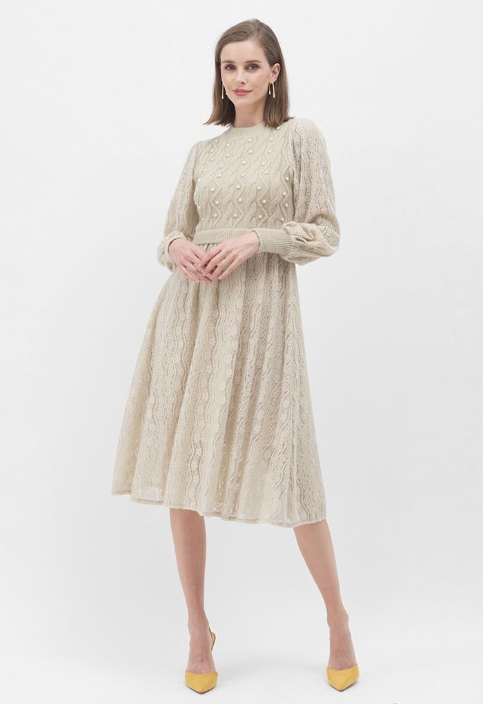 Spliced Knit Lacy Pearly Midi Dress in Camel